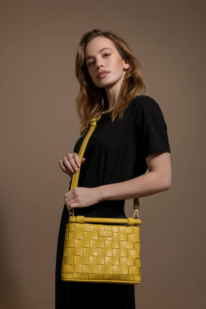 Bella Mustard Yellow Vegan Mini Crossbody Weave bag