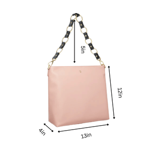 Pink handbag with measurements on a white background