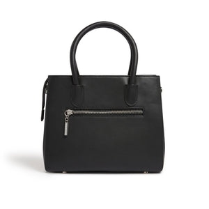 Black handbag with a zipper on a white background