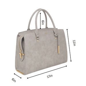 Gray handbag with gold accents and measurements on a white background