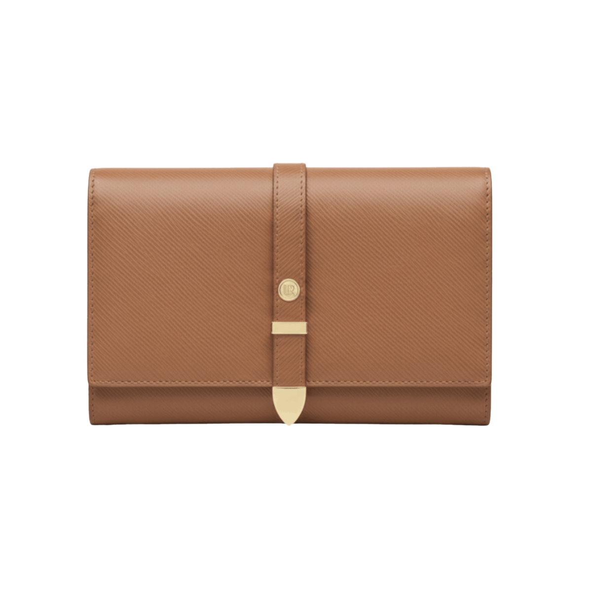 Brown leather wallet with a strap on a white background