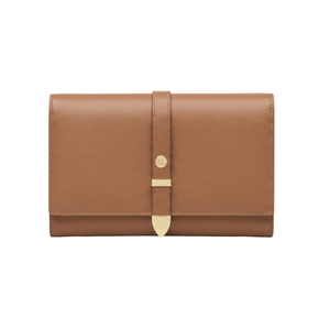 Brown leather wallet with a strap on a white background
