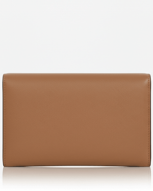 Brown leather clutch bag on a white background