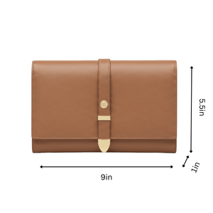 Brown leather wallet with strap and measurements on a white background