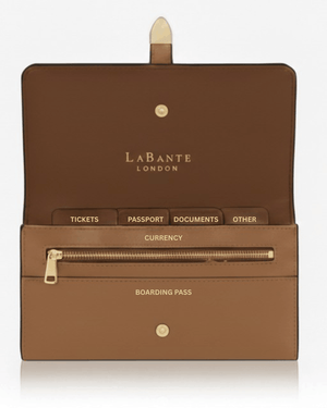 Brown travel organizer with compartments labeled for tickets, passport, documents, currency, and boarding pass, featuring the LaBante London brand.