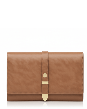 Brown leather clutch with a gold strap on a white background