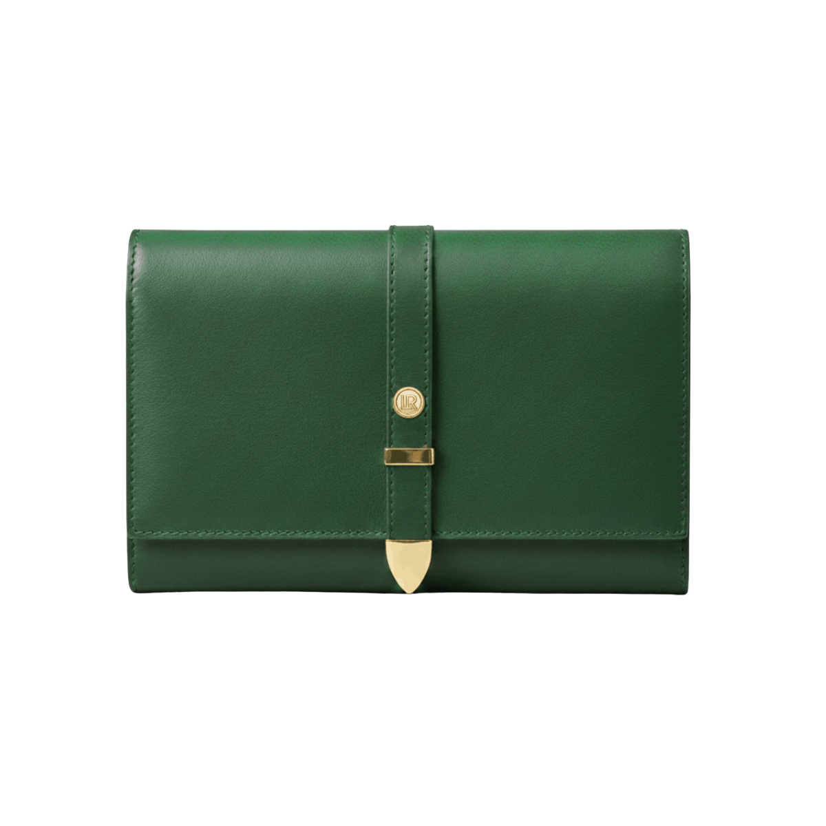 Green leather clutch with gold accents on a white background