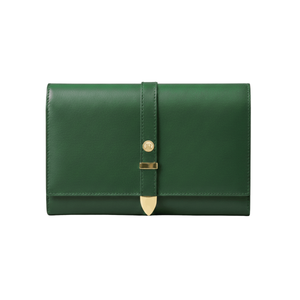 Green leather clutch with gold accents on a white background