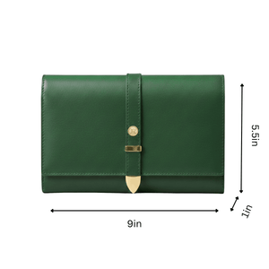 Green leather clutch with gold accents and dimensions on a white background