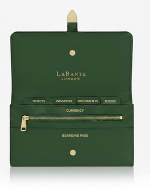 Green travel wallet with compartments labeled for different documents, featuring the brand 'LaBante London'.