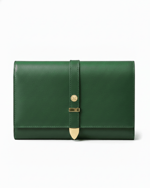 Green leather clutch bag with a gold clasp on a white background