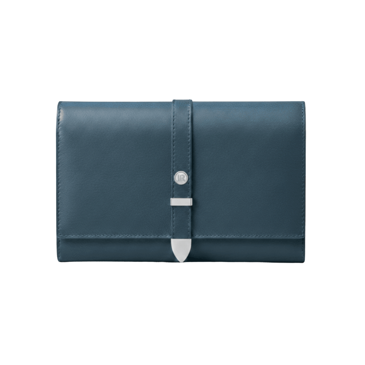 Blue leather wallet with a silver buckle on a white background