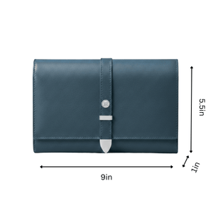 Blue leather wallet with measurements on a white background
