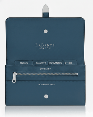 Blue travel organizer with compartments for tickets, passport, documents, currency, and boarding pass on a white background.