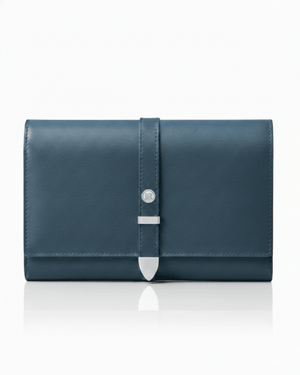 Blue leather clutch bag with a silver clasp on a white background