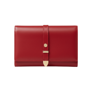 Red leather wallet with a gold buckle on a white background