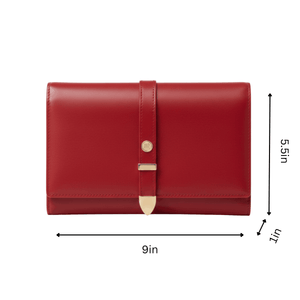 Red leather wallet with gold buckle and measurements on a white background