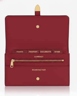 Red travel organizer with compartments for tickets, passport, documents, currency, and boarding pass on a white background.