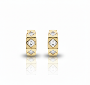 Gold earrings with diamond-like stones on a white background
