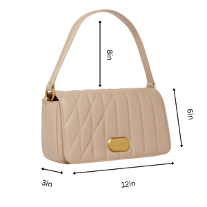 Beige handbag with gold accents and measurements on a white background