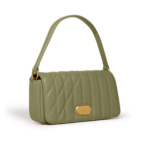 Green quilted handbag with a gold clasp on a white background