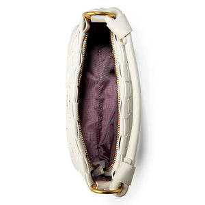 White handbag with gold zipper on a white background
