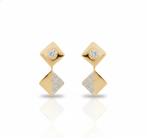Gold earrings with diamond-like stones on a white background