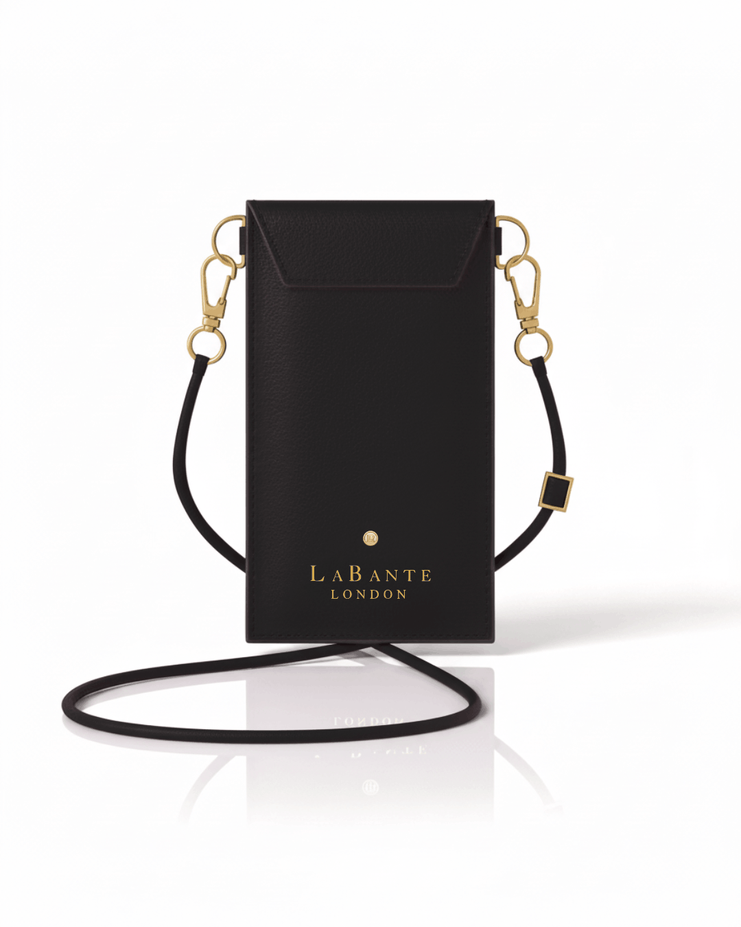 Black phone pouch with gold accents and 'La Bante London' branding on a white background