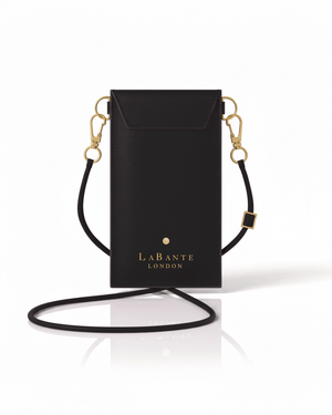 Black phone pouch with gold accents and 'La Bante London' branding on a white background