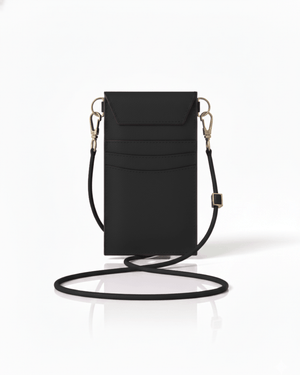 Black crossbody bag with a strap on a white background