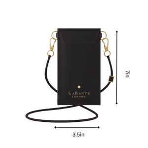 Black crossbody bag with gold accents and 'LaBante London' branding, shown with measurements on a white background.