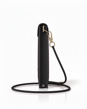 Black handbag with a gold clasp on a white background