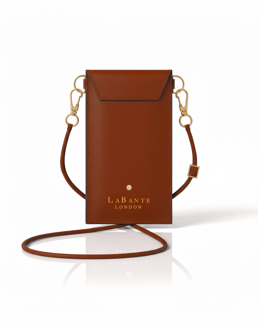 Brown leather phone pouch with gold accents and 'La Bante London' branding on a white background