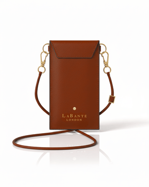 Brown leather phone pouch with gold accents and 'La Bante London' branding on a white background