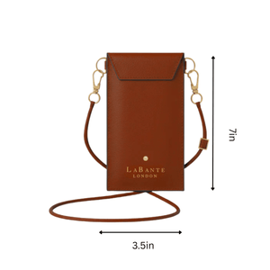 Brown leather crossbody bag with 'LaBante London' branding and measurements on a white background