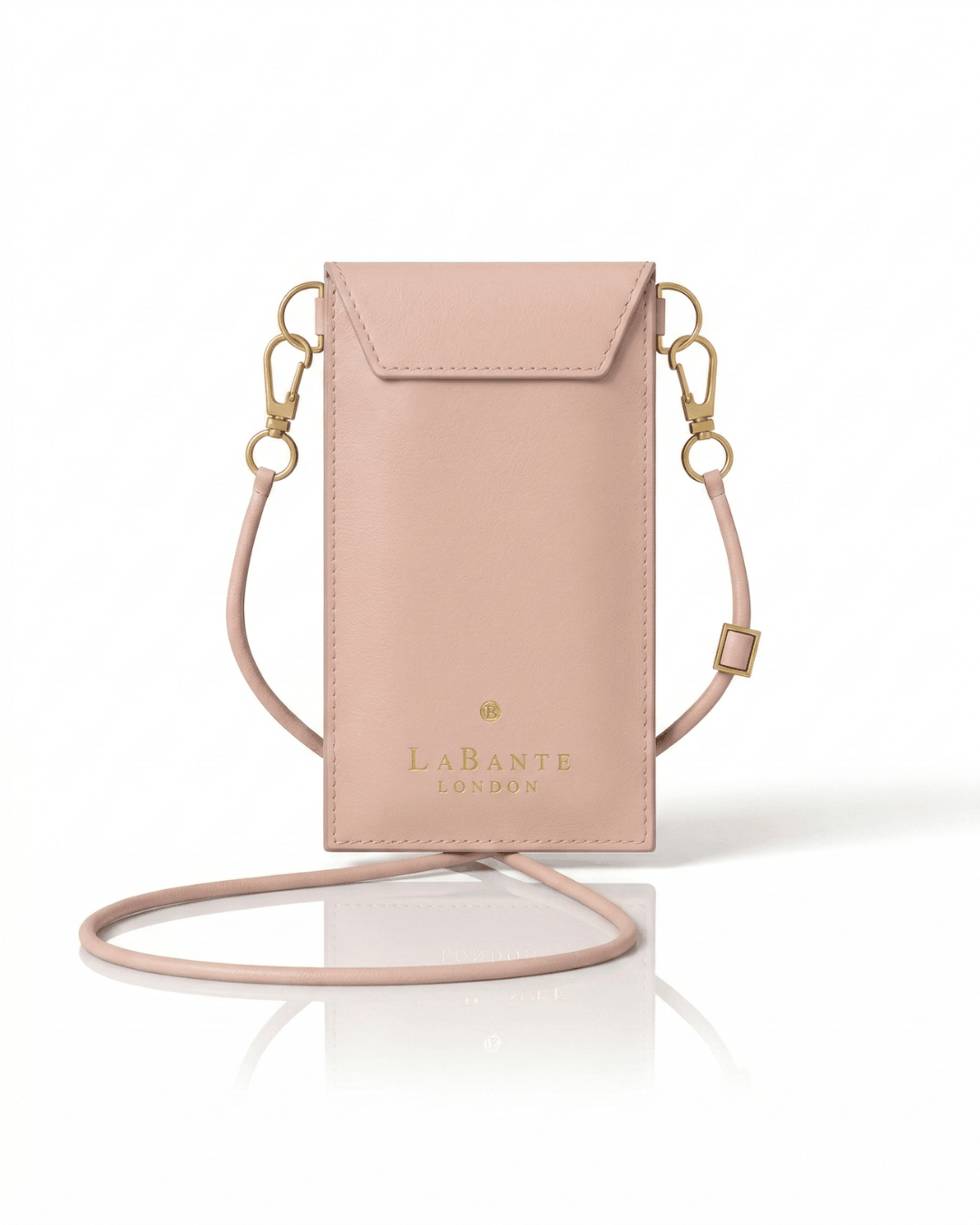 Pink phone crossbody bag with gold accents on a white background