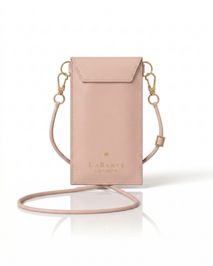 Pink phone crossbody bag with gold accents on a white background