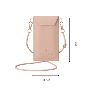 Pink crossbody bag with measurements on a white background