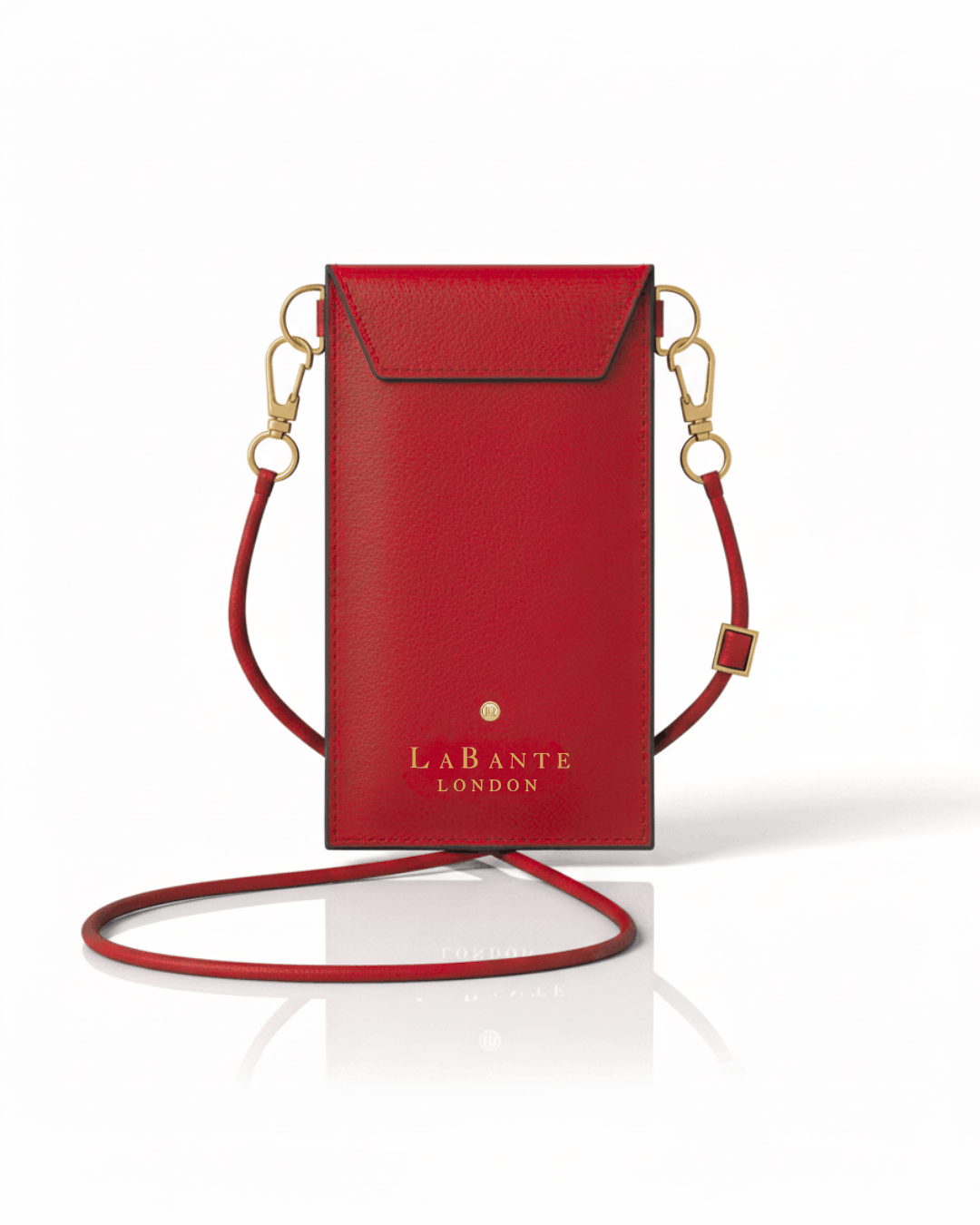 Red handbag with gold accents on a white background, featuring the brand 'LaBante London'.