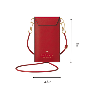 Red handbag with gold accents and 'LaBante London' branding, shown with measurements on a white background.