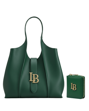 Green handbag and matching wallet with 'LB' logo on a white background