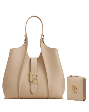 Beige handbag and matching wallet with a logo on a white background