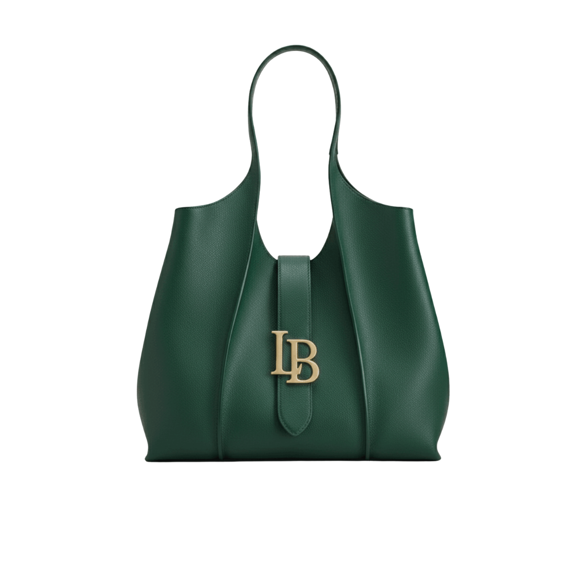 Green handbag with a gold logo on a white background