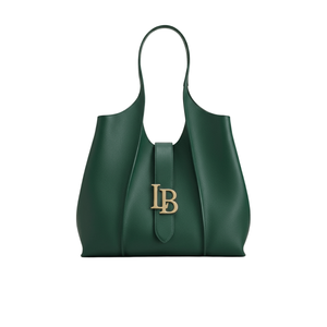 Green handbag with a gold logo on a white background