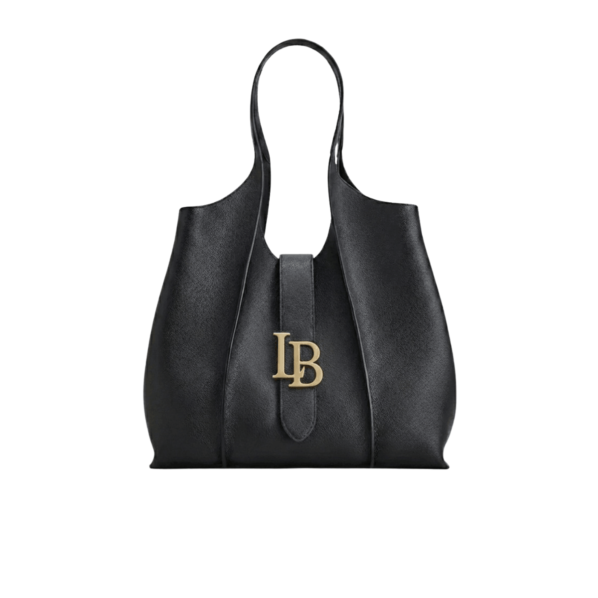 Black handbag with gold logo on a white background