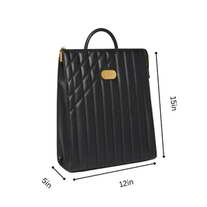 Black backpack with gold accent and measurements on a white background