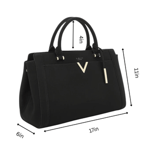 Black handbag with measurements on a white background