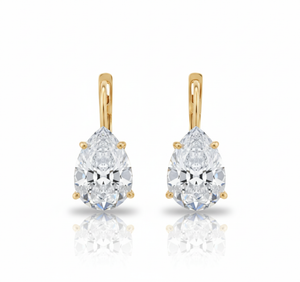 Pair of gold teardrop-shaped diamond earrings on a white background