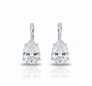 Pair of teardrop-shaped crystal earrings on a white background