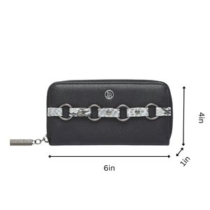 Black wallet with decorative chain strap and measurements on a white background
